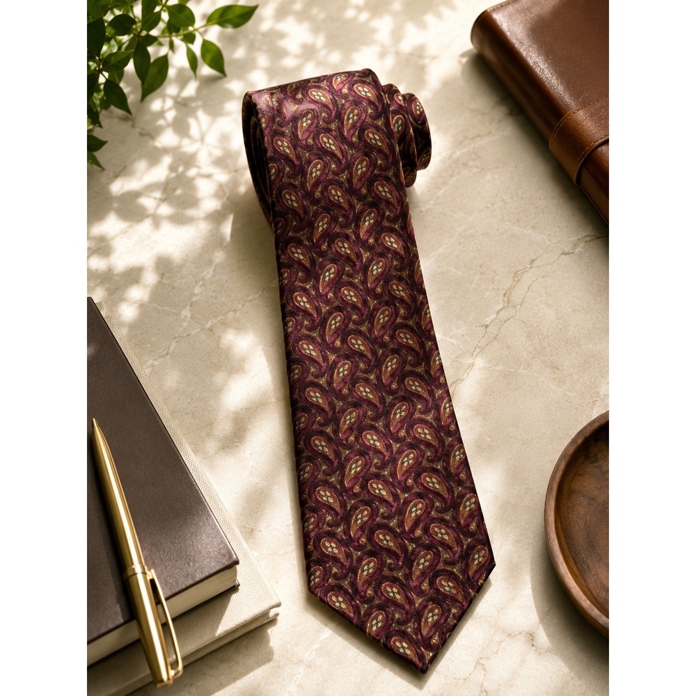 Peter Thomas by Superba Burgundy Paisley 100% Italian Silk Necktie Mens Classic